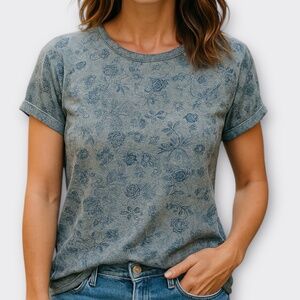 LUCKY BRAND Floral Cap Sleeve Knit Top Boho Cottagecore Casual Grey Navy Blue M